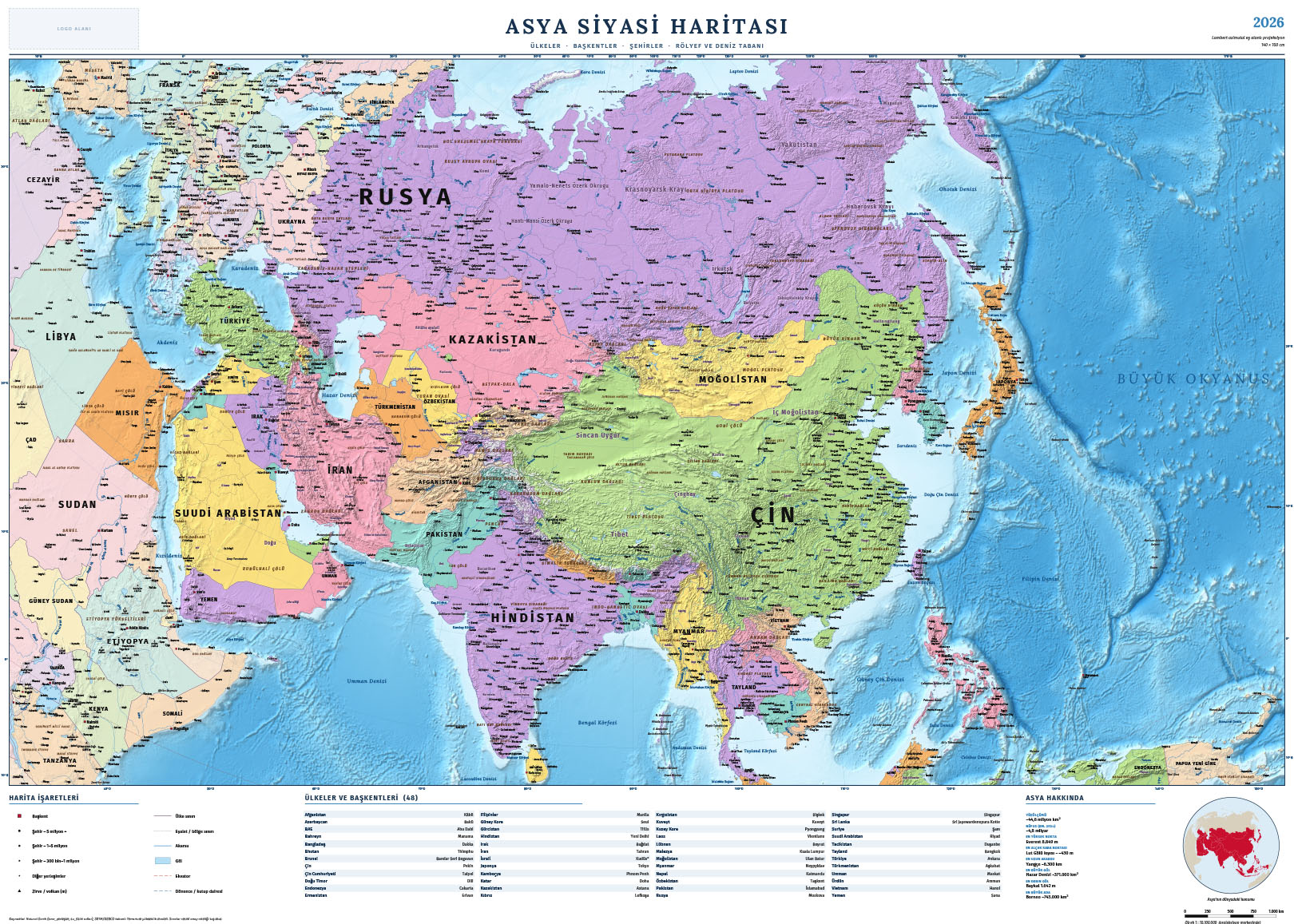 Asya siyasi haritası 2026, 140×100 cm — Günay Kartografi çizimi, Harita Baskı