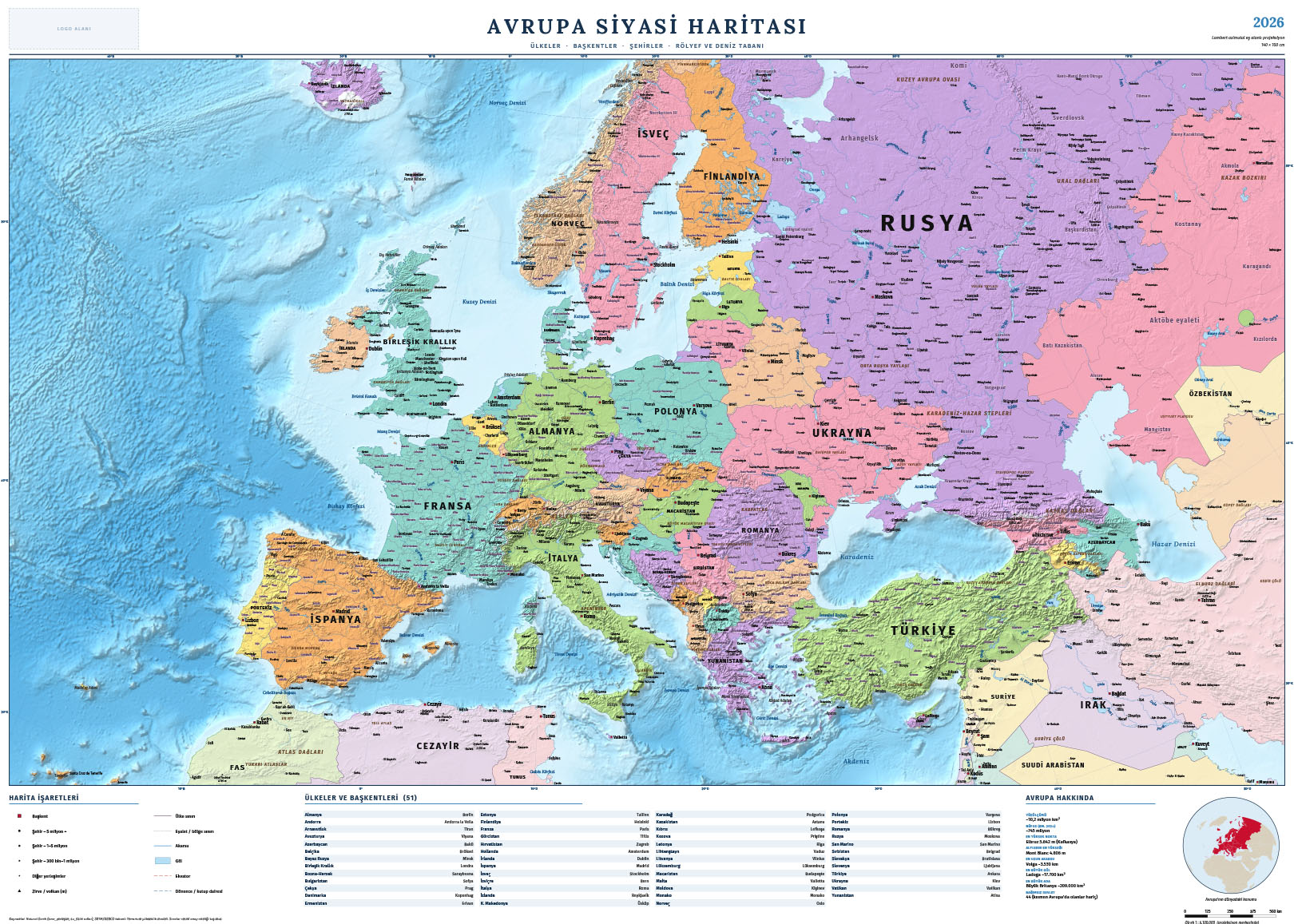 Avrupa siyasi haritası 2026, 140×100 cm — Günay Kartografi çizimi, Harita Baskı