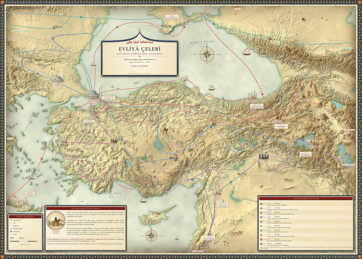 Evliyâ Çelebi Seyahatnâmesi’nde Anadolu haritası 140×100 cm — Günay Kartografi çizimi, Harita Baskı