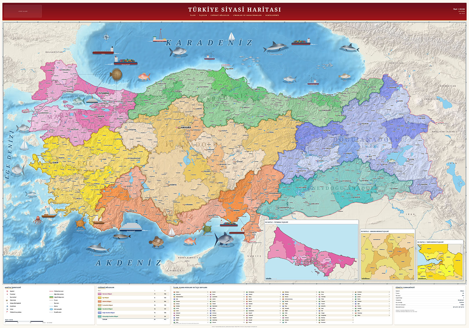Türkiye siyasi il ve ilçe haritası 200×140 cm — Günay Kartografi çizimi, Harita Baskı