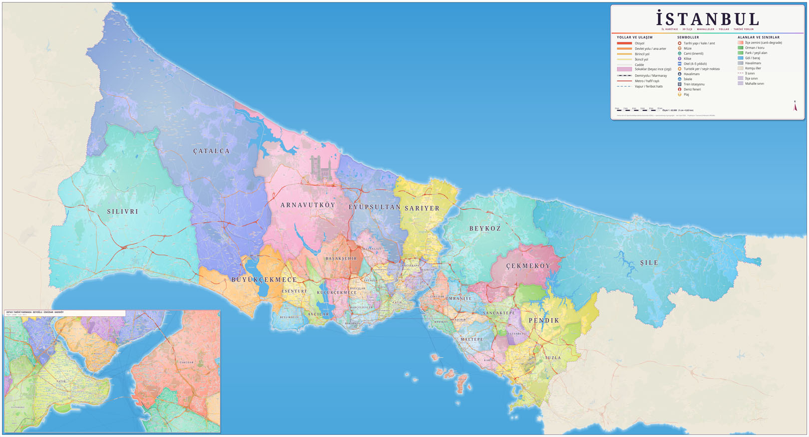 İstanbul detaylı sokak haritası 2026, 300×150 cm — Günay Kartografi çizimi, Harita Baskı